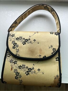 Elegant Gold Floral Satin Handbag